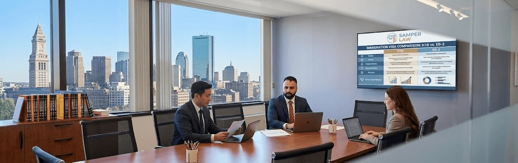 Samper Law team consulting with client on H1B vs EB-2 visa comparison in Boston office